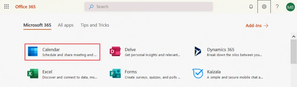 Selecting-Office-365-Calendar-in-the-web-page-with-a-list-of-Office-365-apps