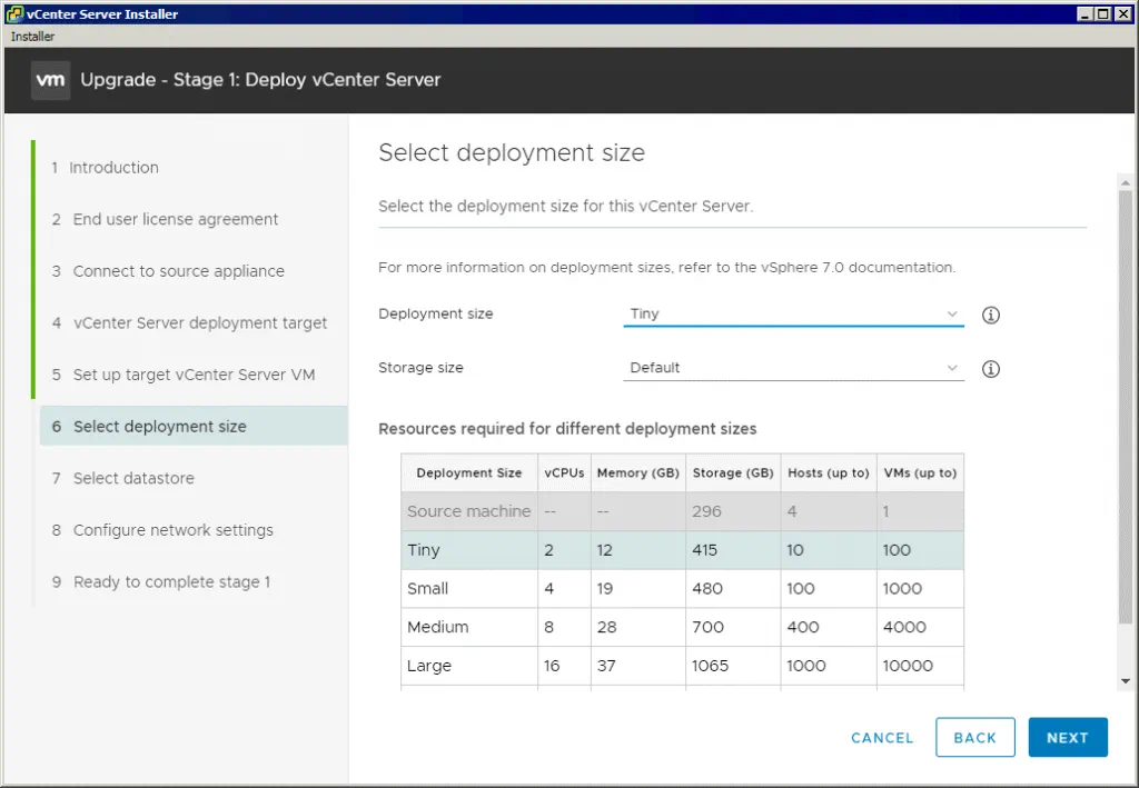 Selecting-a-vCenter-deployment-size-to-perform-upgrade-to-vCenter-7