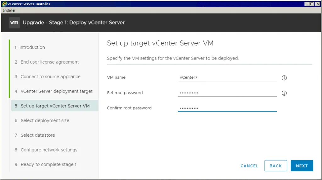 Upgrade-to-vCenter-7–specifying-a-VM-name-and-root-password-for-vCenter-7