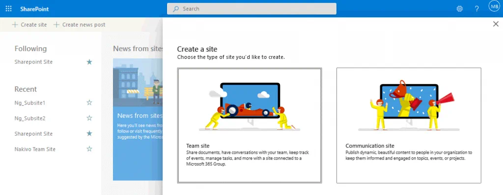 Using-SharePoint-Online-creating-a-new-site
