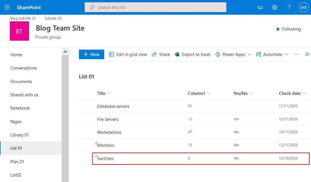 A new line is added in the SharePoint list and should be synchronized with the Excel table