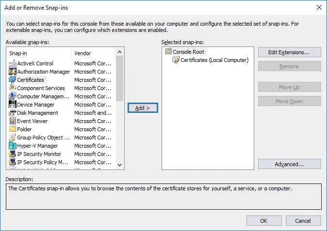 Adding the Certificates snap-in (finishing)
