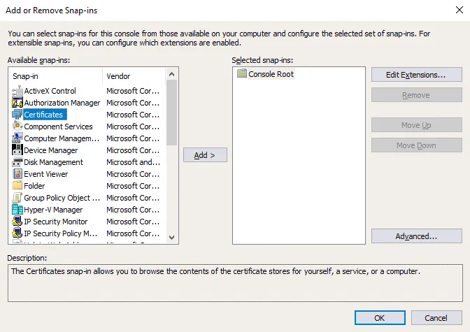 Adding the Certificates snap-in in MMC