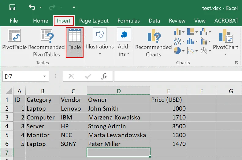 Converting a spreadsheet into a table before starting export from Excel to a SharePoint list