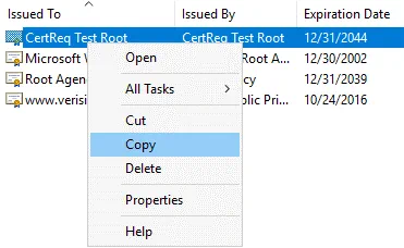 Copying a root certificate for SSL certificate request