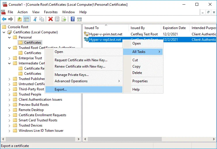 Create self-signed certificates and export them on the first server