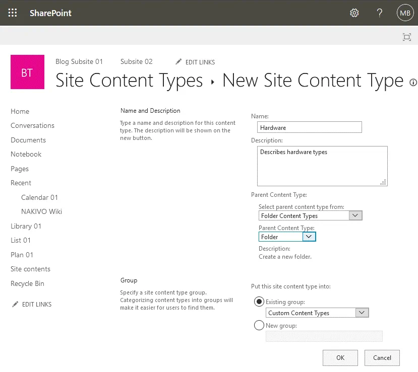 Crear un nuevo tipo de contenido de sitio