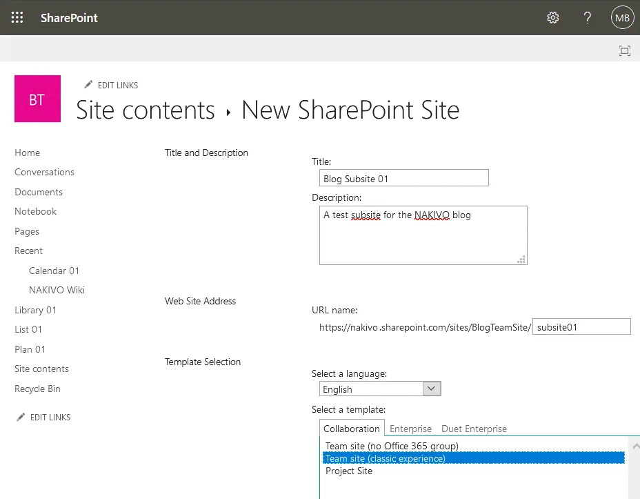 Creación de un nuevo subsitio en SharePoint Online