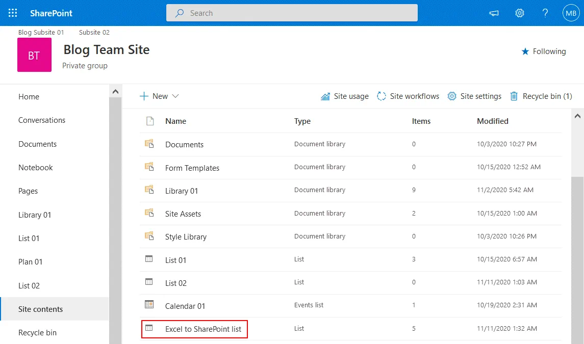 Data import from Excel to SharePoint list is finished