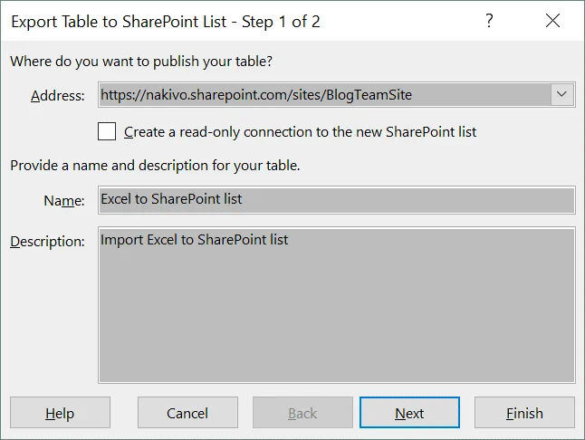 Exporting a table from Excel to a SharePoint list