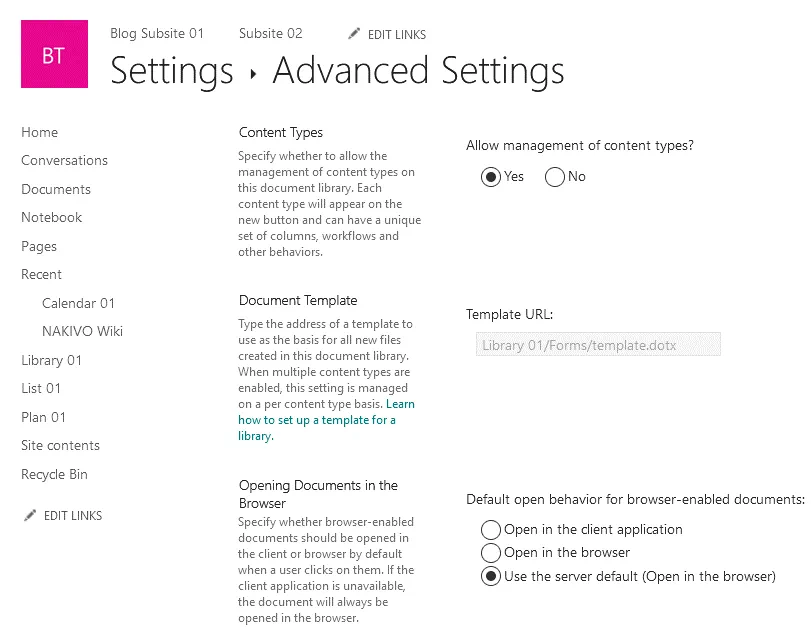 Cómo permitir la gestión de tipos de contenido para una biblioteca en SharePoint Online