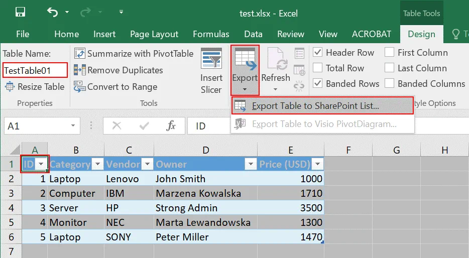 How to export a table to a SharePoint list and copy-paste data