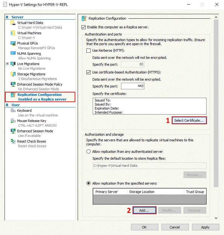 Hyper-V replication configuration on the secondary server
