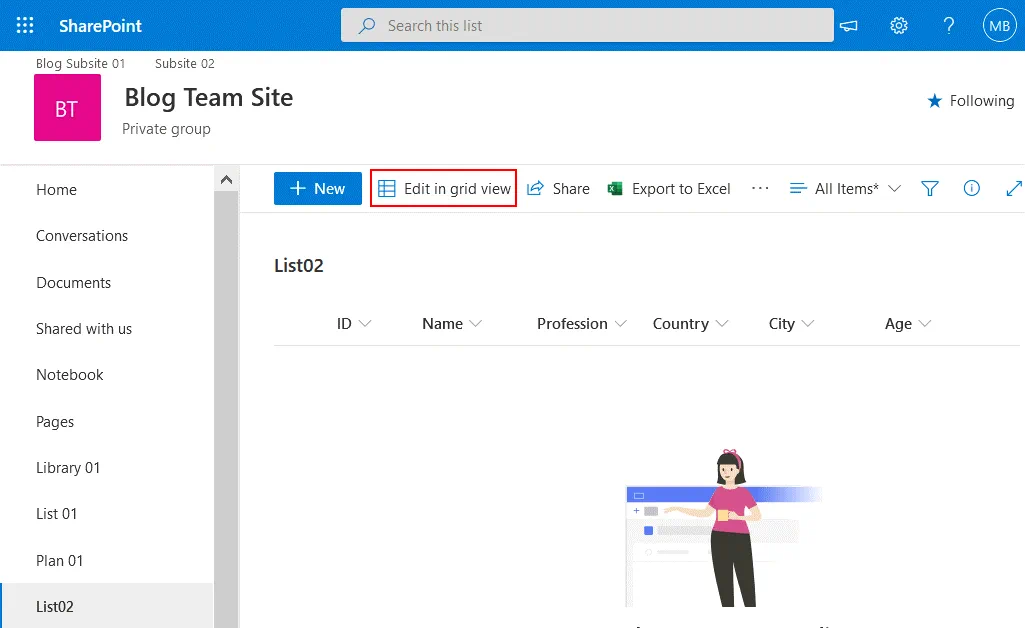 Import Excel into SharePoint list - edit in grid view