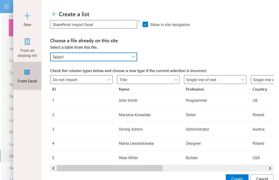 Importing a table to a new SharePoint list