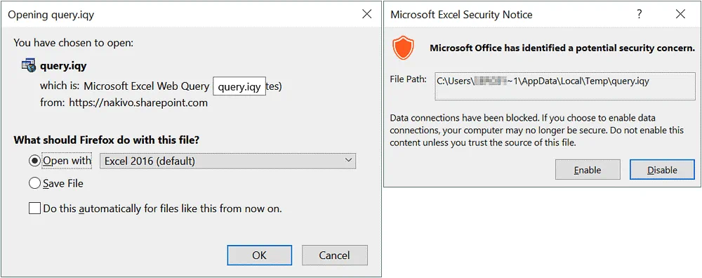 Opening a query file in Excel and confirmation of a security warning