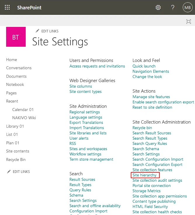 Abrir la jerarquía de sitios mediante las herramientas de gestión de SharePoint
