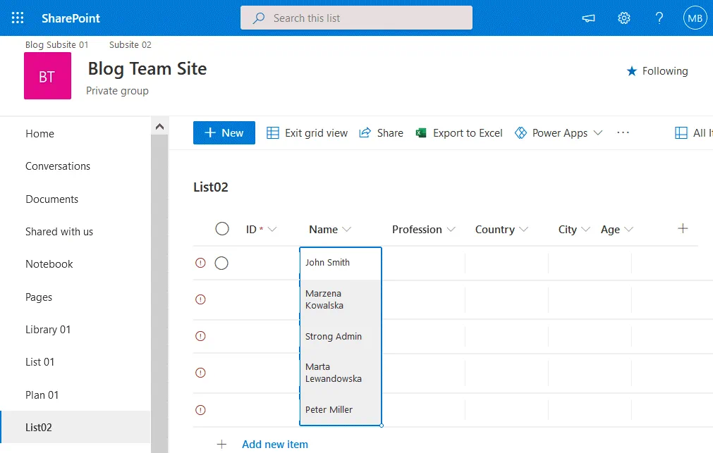 Paste data copied from Excel to the appropriate column of a SharePoint list