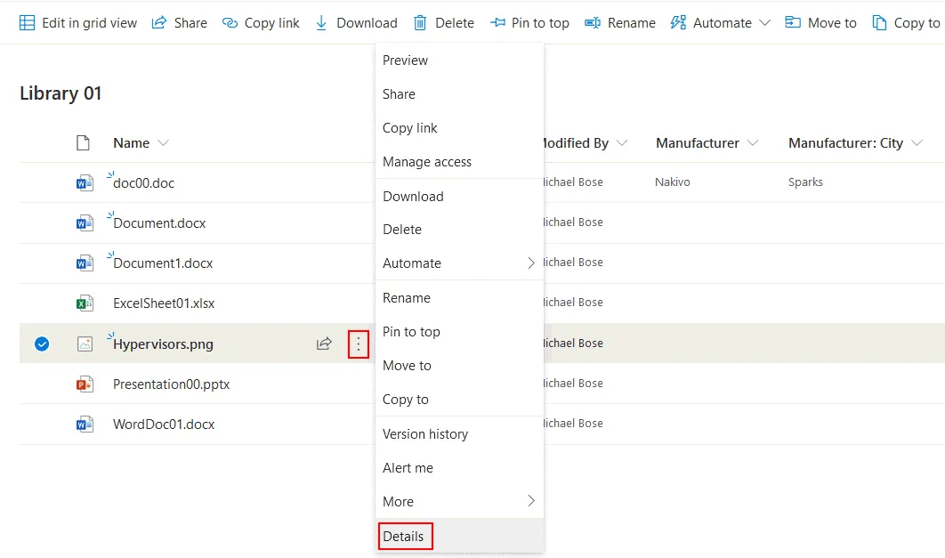 Gestión de documentos de SharePoint: abrir detalles de archivos en una biblioteca de SharePoint