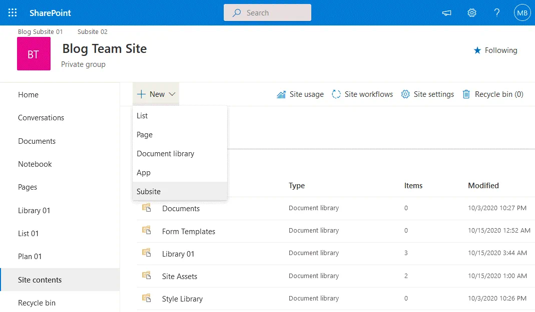 Gestión de documentos SharePoint: creación de un nuevo subsitio