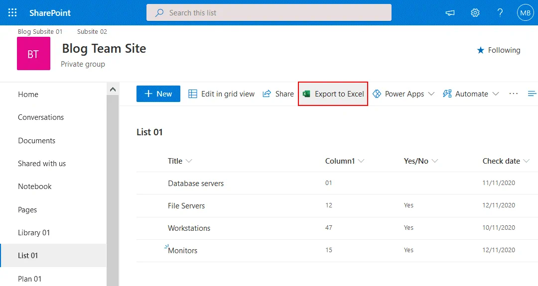 SharePoint export list to Excel