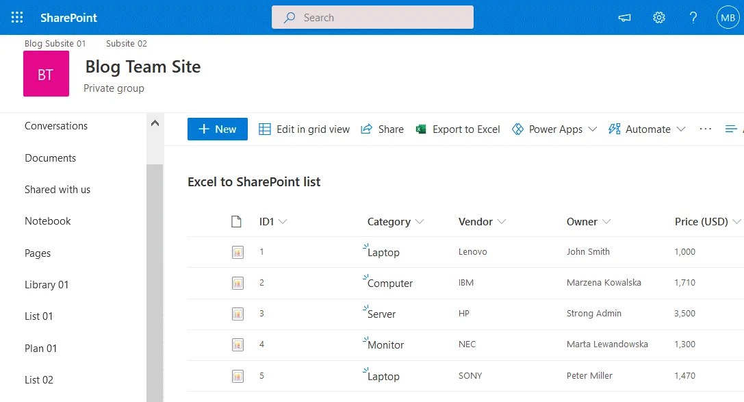 SharePoint import Excel data