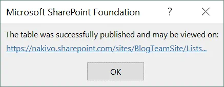 The table was successfully published as a SharePoint list