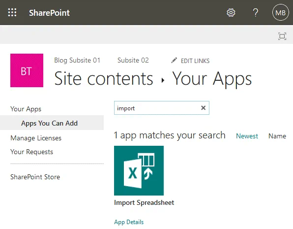 Using the SharePoint import Excel app