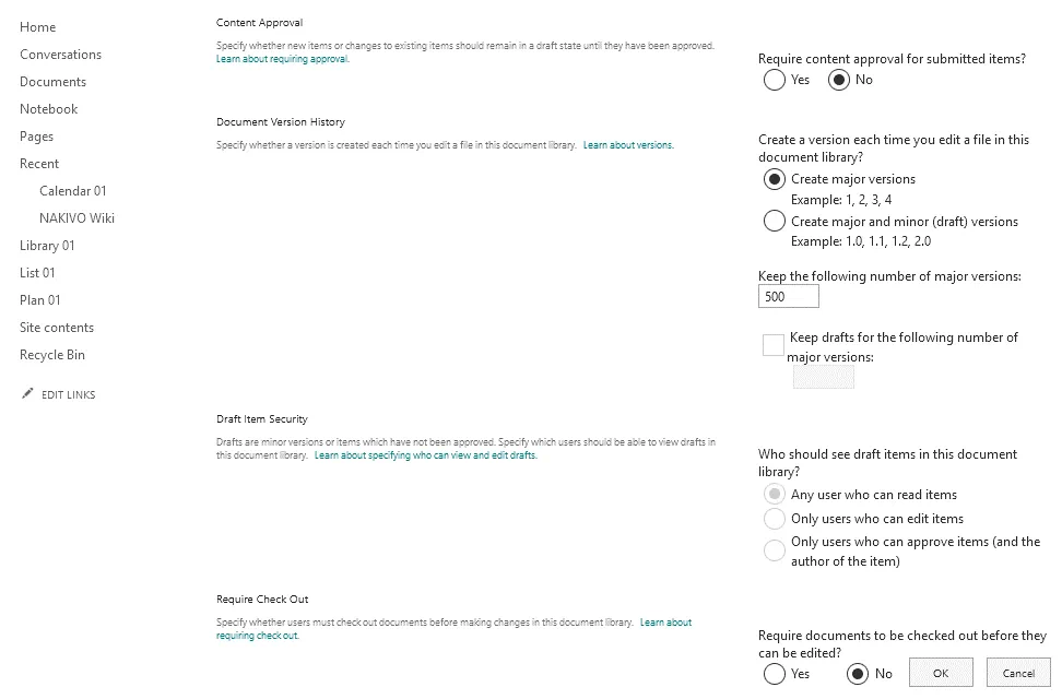Ajustes de control de versiones en SharePoint Online