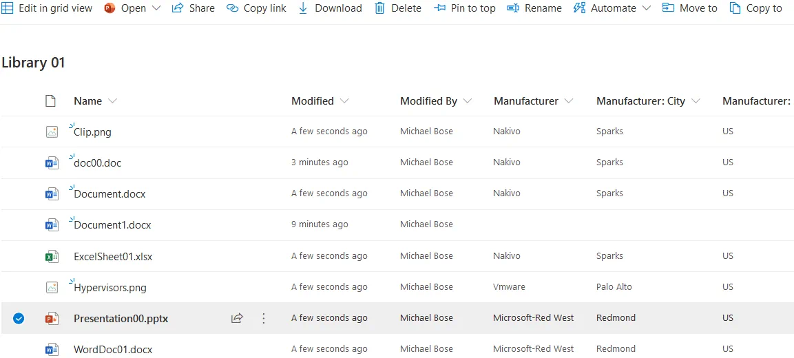 Visualización de documentos y sus metadatos en una biblioteca de documentos de SharePoint