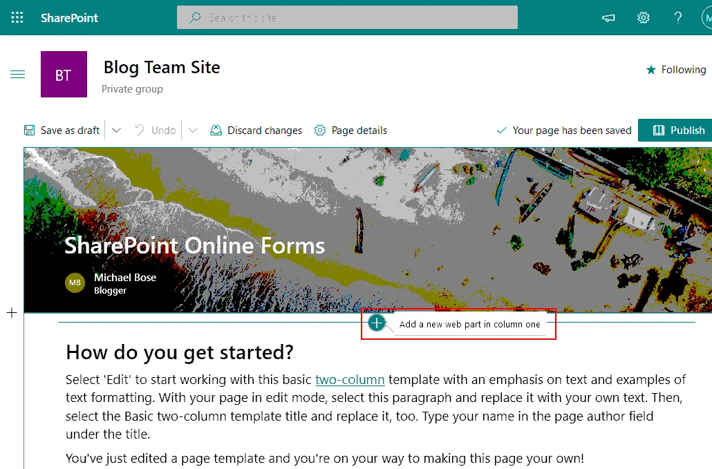 Añadir una nueva parte web en la columna uno