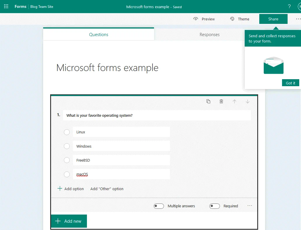 Añadir preguntas a la nueva encuesta en Microsoft Forms