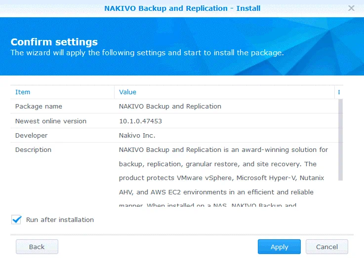 Checking settings and finishing installation