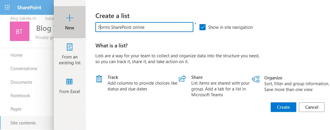 Creación de una nueva lista en SharePoint Online