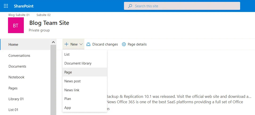 Creación de una nueva página para un sitio en SharePoint Online