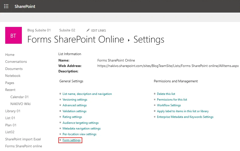 Abrir los ajustes de los formularios de Office 365 SharePoint