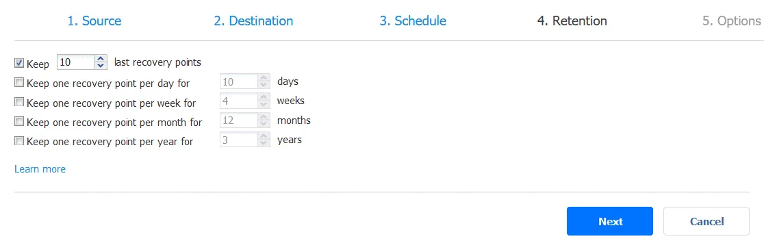 Retention settings for a backup job