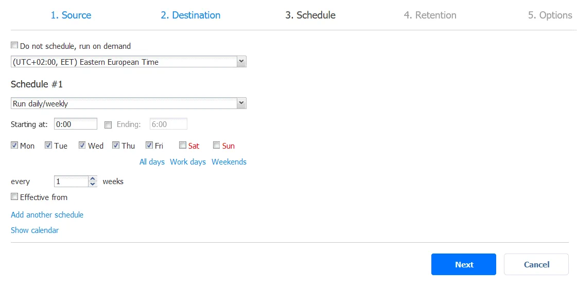 Scheduling settings for a backup job