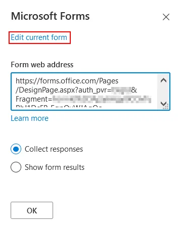 Selección de opciones para Microsoft Forms y edición del formulario