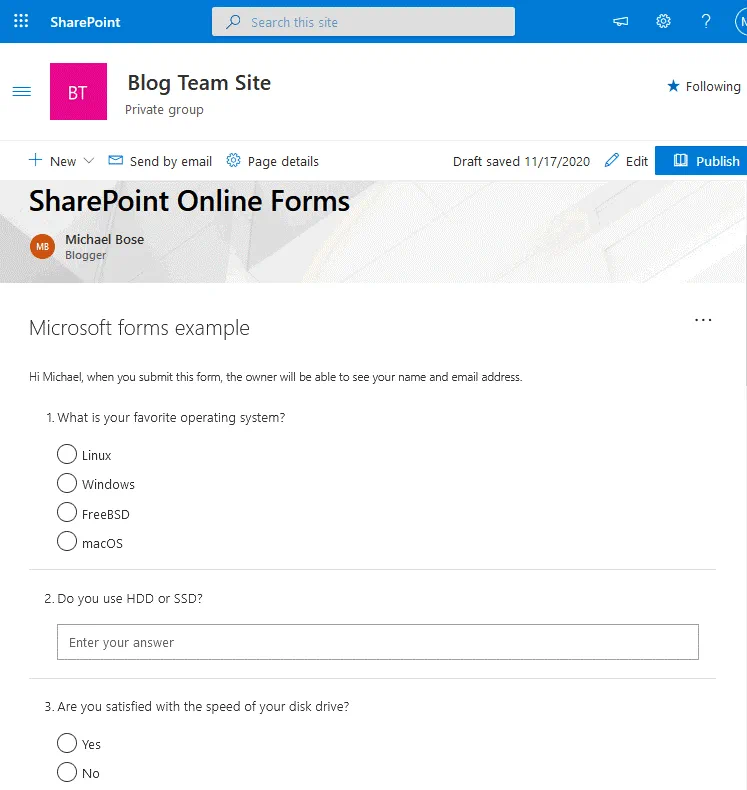 La encuesta creada mediante Microsoft Forms se publica en una página del sitio del equipo