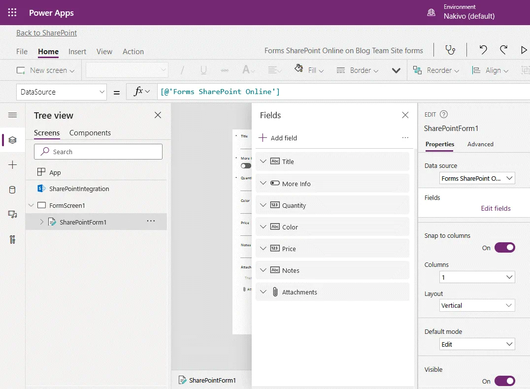 Visualización de los campos de los formularios SharePoint en la interfaz web de Power Apps