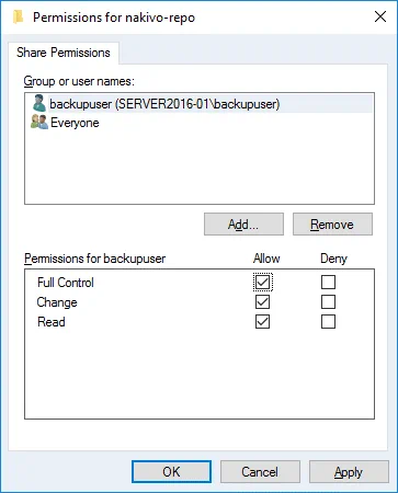 Allowing full control to a user for accessing an SMB share