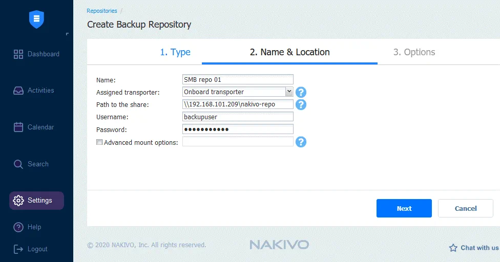 Configuring a name and location for a new backup repository using an SMB share