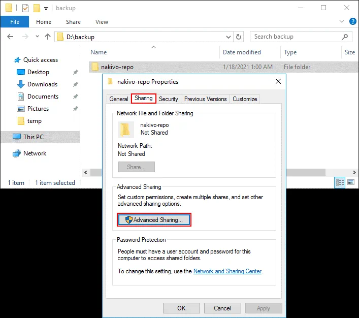 Configuring advanced sharing settings for a shared folder