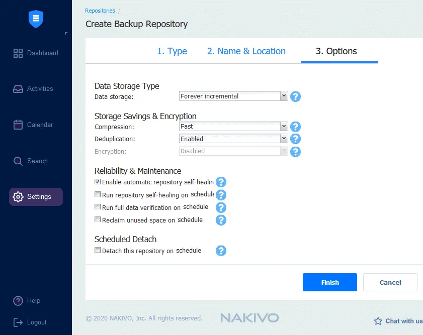 Configuring options for a backup repository