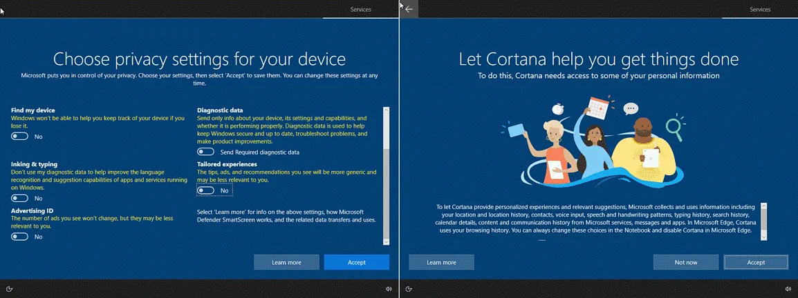 Configuring privacy settings when installing Windows 10