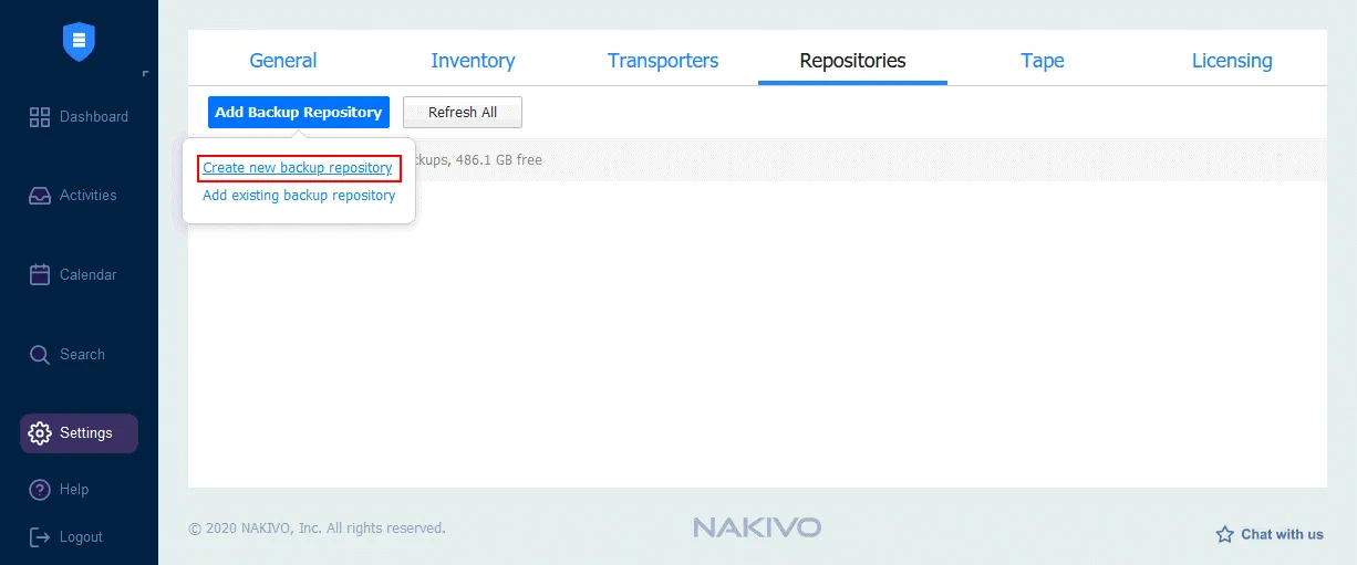 Creating a new backup repository in NAKIVO Backup & Replication