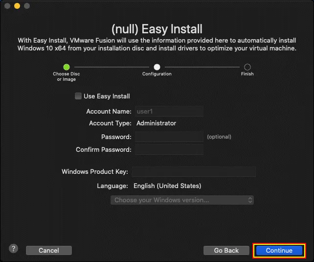 Easy Install options to deploy a new VM in VMware Fusion