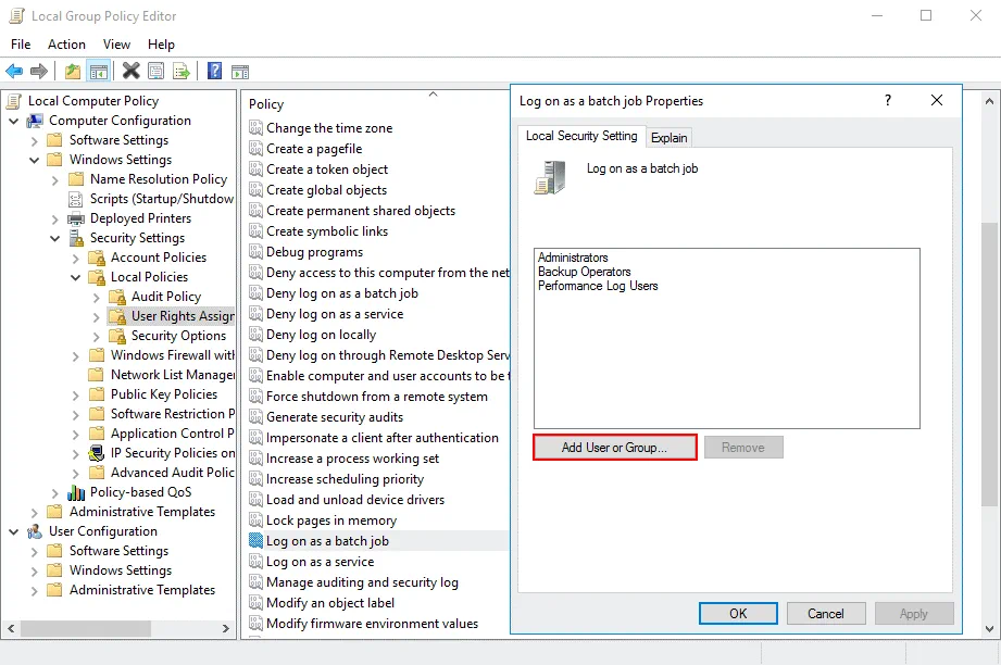 Editing permissions in the group policy editor