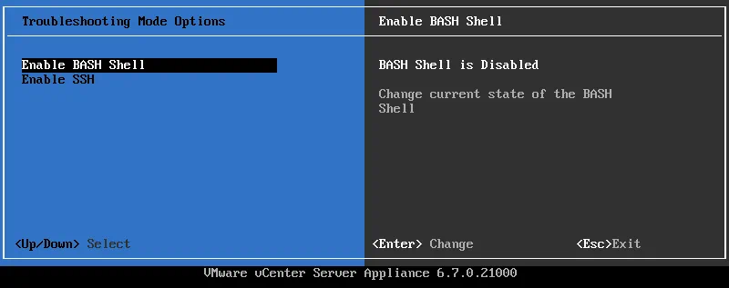 Enabling SSH access in Troubleshooting Mode options in the DCUI of VCSA